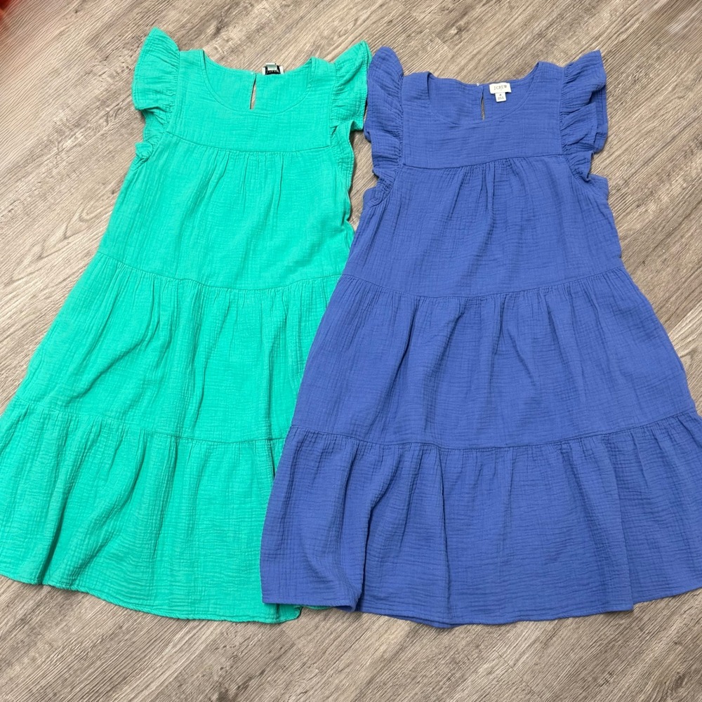 Lot of 2 J.Crew Women 4 Cotton Gauze Tiered Mini Dresses Green Blue BP628 SU24